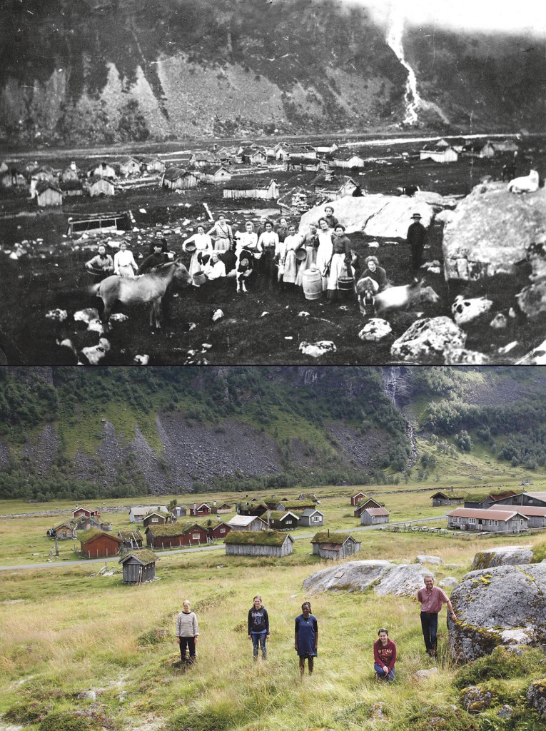 Herdalssetra 1905 og 2014. Ein haug ovanfor stølen er kalla Geitakyrkja og har vore samlingsplass i lang tid. Kring 15 gardsbruk har setra her, og framleis er det kring 35 hus med smått og stort. Foto: Peder Krohn (1905) og Oskar Puschmann, Skog og landskap.  Statistar og budeier frå  venstre Maja Emilsson, Sverige, Corinna Pötzelsberger, Austerrike, Nailoke Shilunga, Namibia, Anika Kaserer, Austerrike og Jostein Sande, Norge.